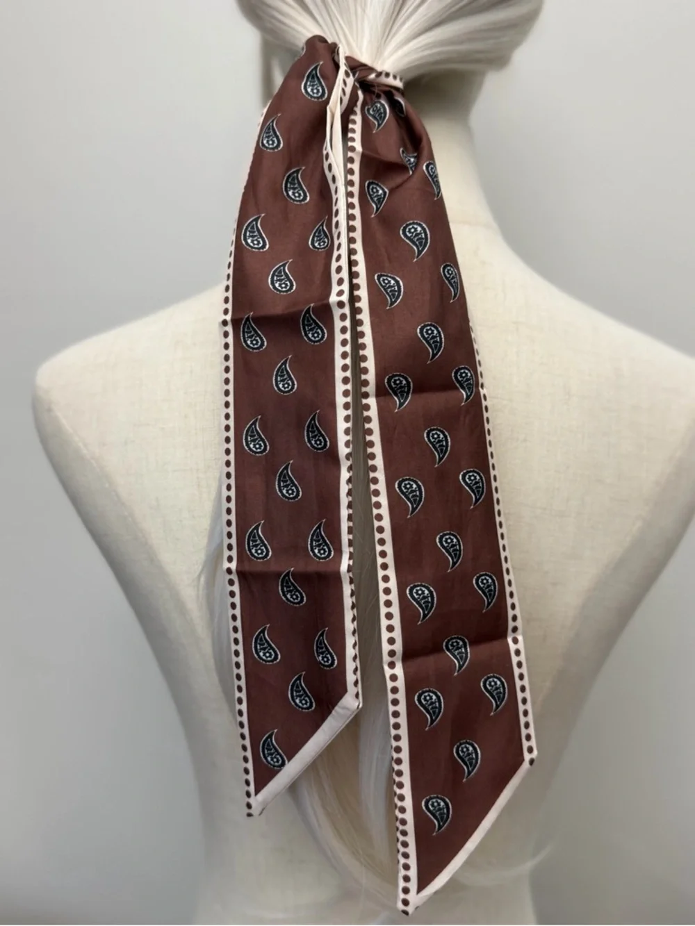 Brown Paisley Skinny Scarf Neutral Twilly Hair Tie Neck Scarf
